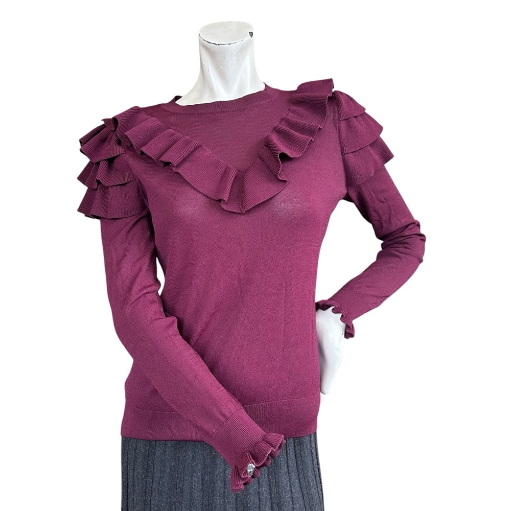 Ted Baker Yowsie Maroon Long Sleeve High Neck Modest Ruffle Trim Sweater US 4